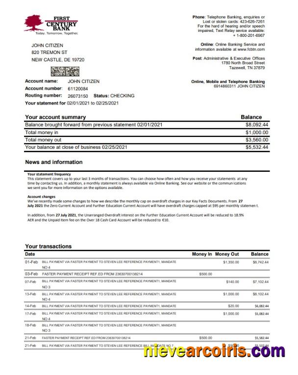 USA First Century Bank excel pdf